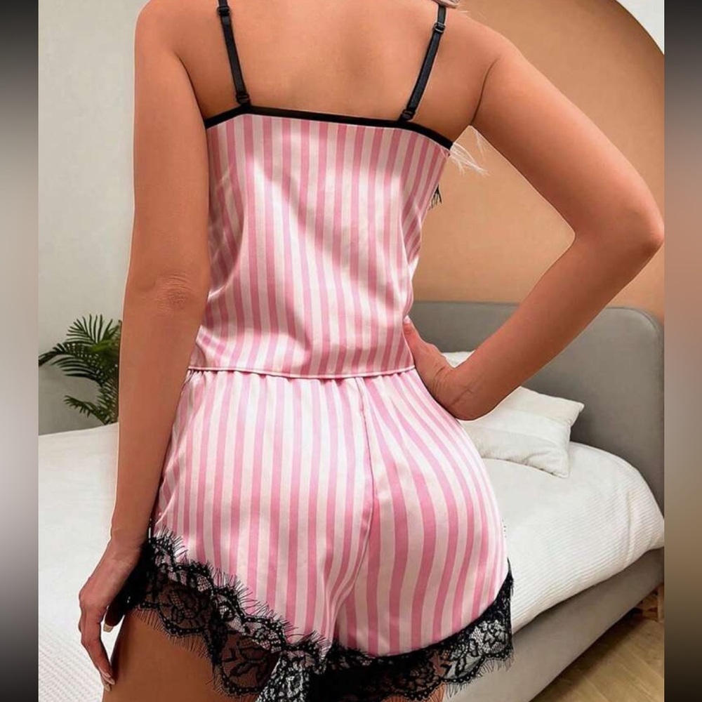 Lace 2 piece pajama set: Striped Cami shirt and shorts pj Set - Picture 2 of 4